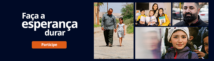 Rodapé da campanha Faça a esperança durar em prol de cristãos no Iraque e Síria afetados pela guerra. A imagem é uma colagem de fotos de cristãos iraquianos e sírios. Há homens, crianças e mulheres em diversos cenários representando a realidade no Oriente Médio.